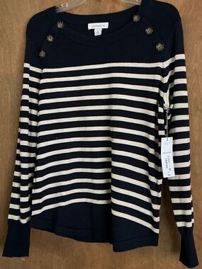 NWT Liz Claiborne Women Striped Blue/White Sweater Business Casual Top Buttons M